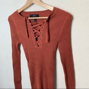 Rust Orange Lace up Sweater Ribbed Top